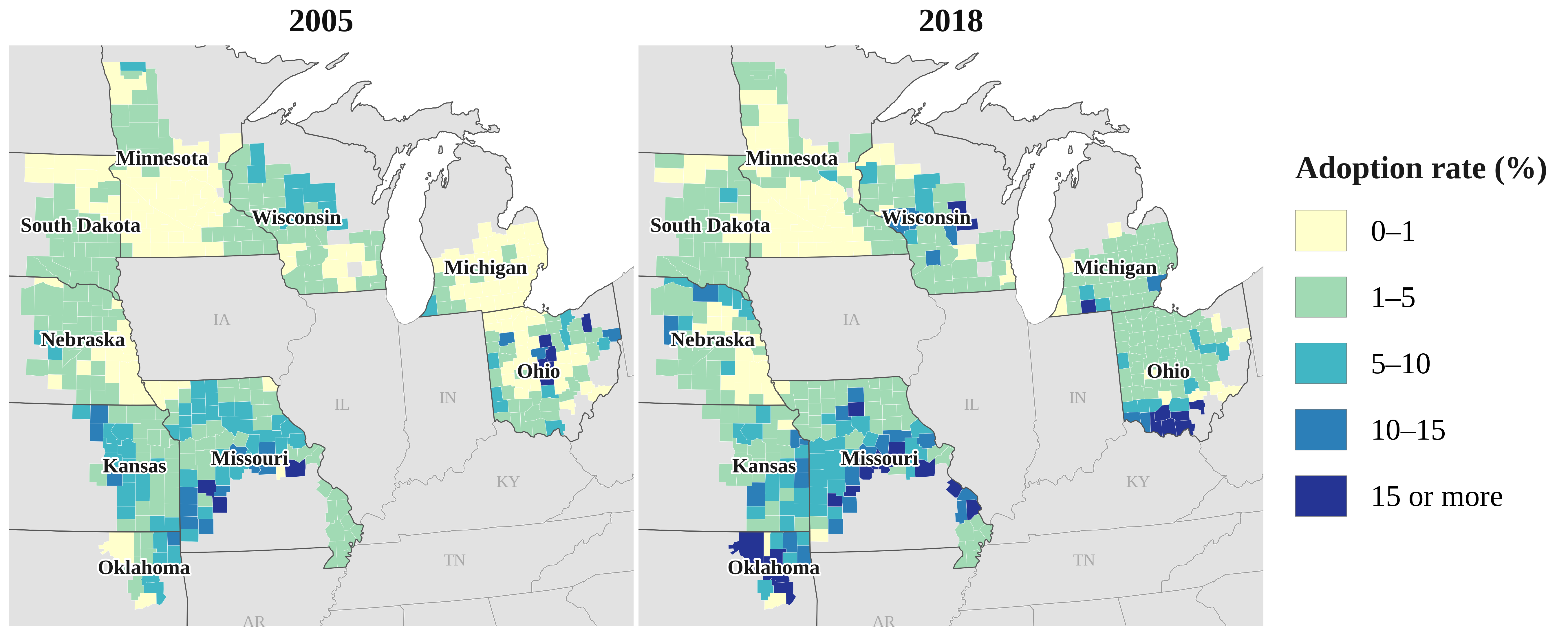Figure S1: side-by-side county maps of established cover-crop share in 2005 and 2018, with categories from 0–1 percent to 15 percent or more. Grey counties are outside the estimation sample.