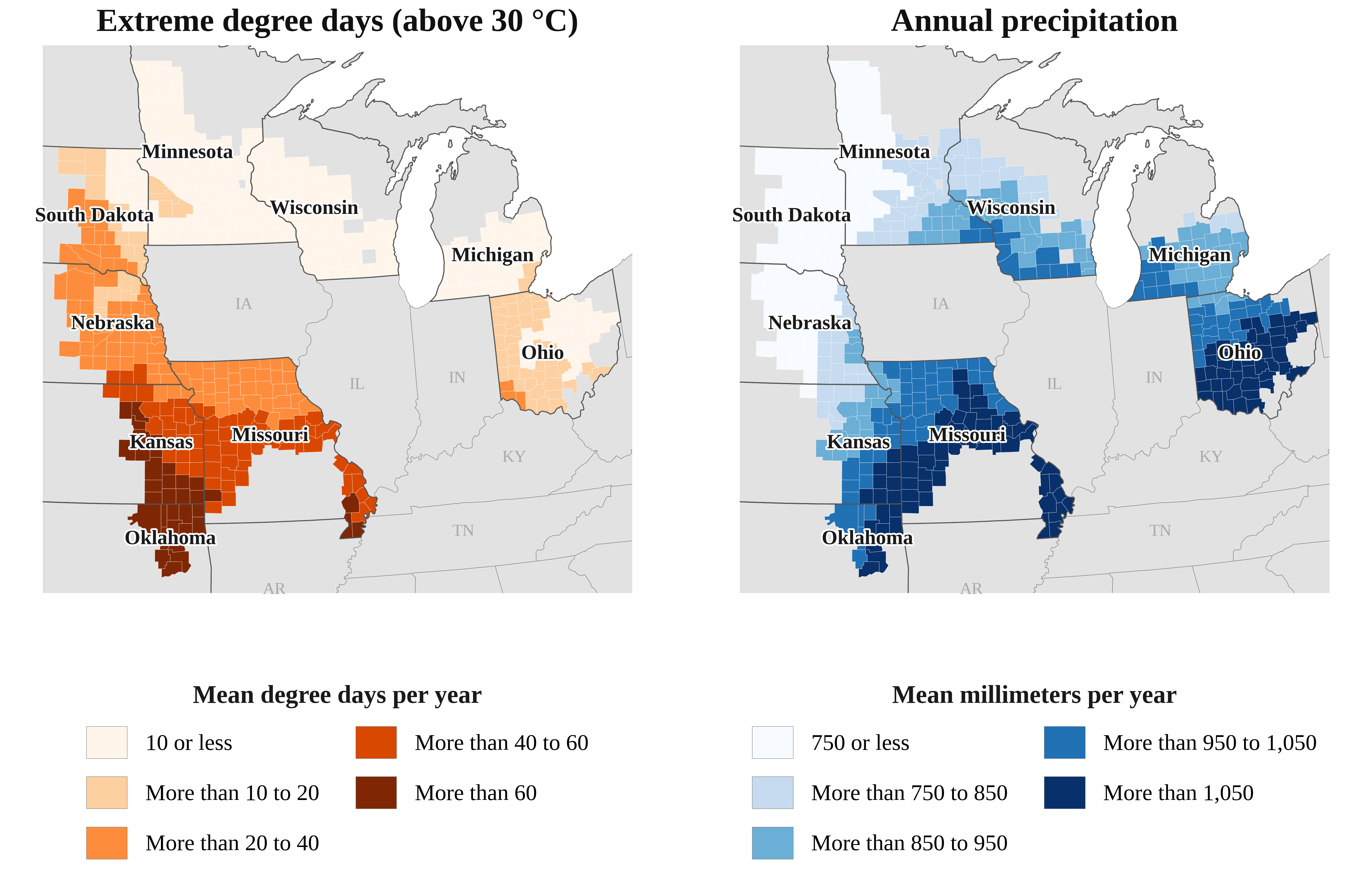 Figure S4: county maps of mean annual extreme degree days above 30 degrees Celsius and annual precipitation. Heat exposure is higher in the southern study counties; precipitation also varies geographically.
