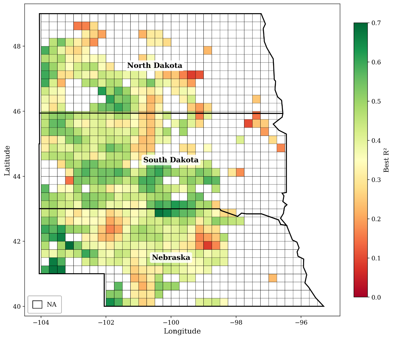 Map of grid-level historical rainfall–forage model fit in Nebraska, North Dakota, and South Dakota. R-squared ranges from zero to 0.7; higher values indicate a closer fit.